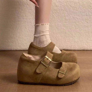 红色复古绒面百搭内增高玛丽珍鞋女2026春季新款可爱圆头浅口单鞋