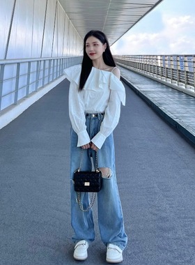 SHE ER网红炸街小个子盐系穿搭白色荷叶边露肩衬衫牛仔阔腿裤两件