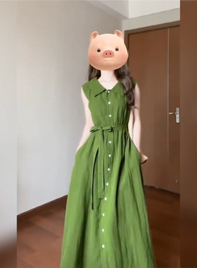 SHE ER 绝美气质法式高级感绿色翻领连衣裙女夏复古收腰森女系