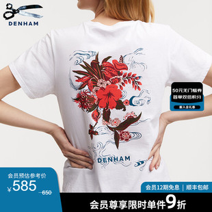 黑白2色 DENHAM夏季 女士山茶花卉印花时尚 休闲热销短袖 T恤上衣