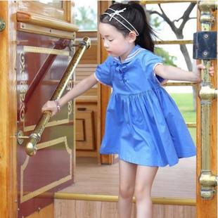 韩版夏新款女童海军风连衣裙 儿童学生裙 夏季全棉海边沙滩连衣裙