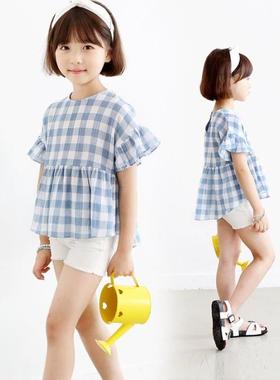 夏装蓝色夏季新品韩版童装女童喇叭袖上衣中大童格子短袖