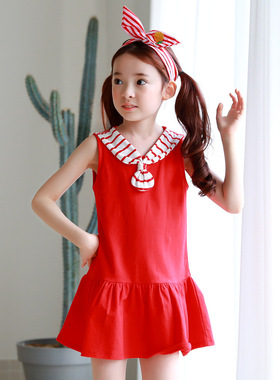 韩版红色纯色夏季新品夏装连衣裙学院风女童无袖童裙童装裙子