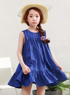 新品纯色蓝色夏季夏装童装韩版女童连衣裙无袖中大童宽松版童裙