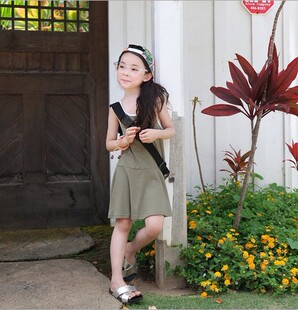 韩版纯色夏季背心运动新款女童军绿连衣裙 儿童个性吊带裙子