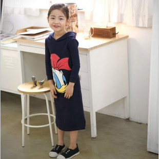 儿童新款韩版秋冬季连帽可可鸭图卫衣裙 中大童印花女童连衣裙