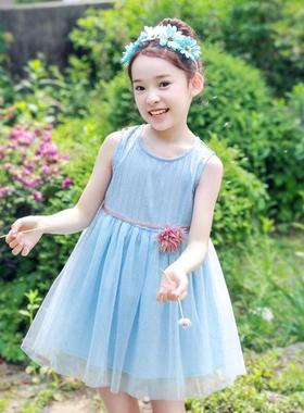 童装吊带裙蓝色背心韩版夏季新品网纱裙中大童连衣裙女童裙子