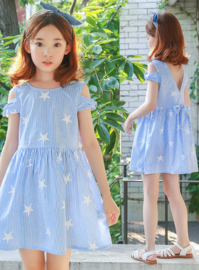 新款百褶条纹蓝色夏装新品童装韩版女童连衣裙中大童露背童裙