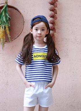 韩版圆领条纹黑色蓝色夏季新品童装女童印花短袖上衣中大童T恤