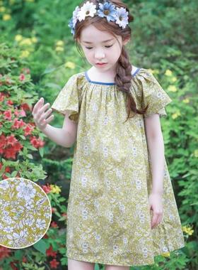 新款黄色短袖夏季A字裙童装韩版女童碎花连衣裙儿童沙滩童裙