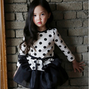 【圆点网纱裙】韩版女童白底黑点磨毛弹力网纱秋冬连衣裙