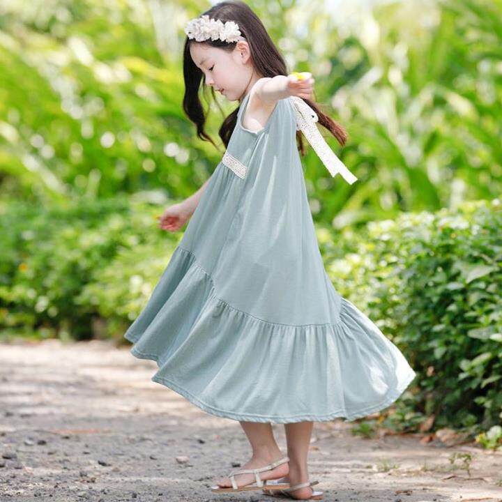 韩版童装女童新款夏装背心裙莫代尔连衣裙 蕾丝花边宽松系带长裙