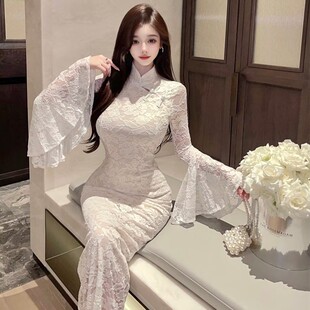 实拍名媛女人味性感法式轻奢国风复古气质盘口包臂蕾丝礼服裙