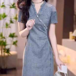 水洗软牛仔连衣裙2025新款女装夏季轻奢显瘦刺绣气质遮肉礼服裙子