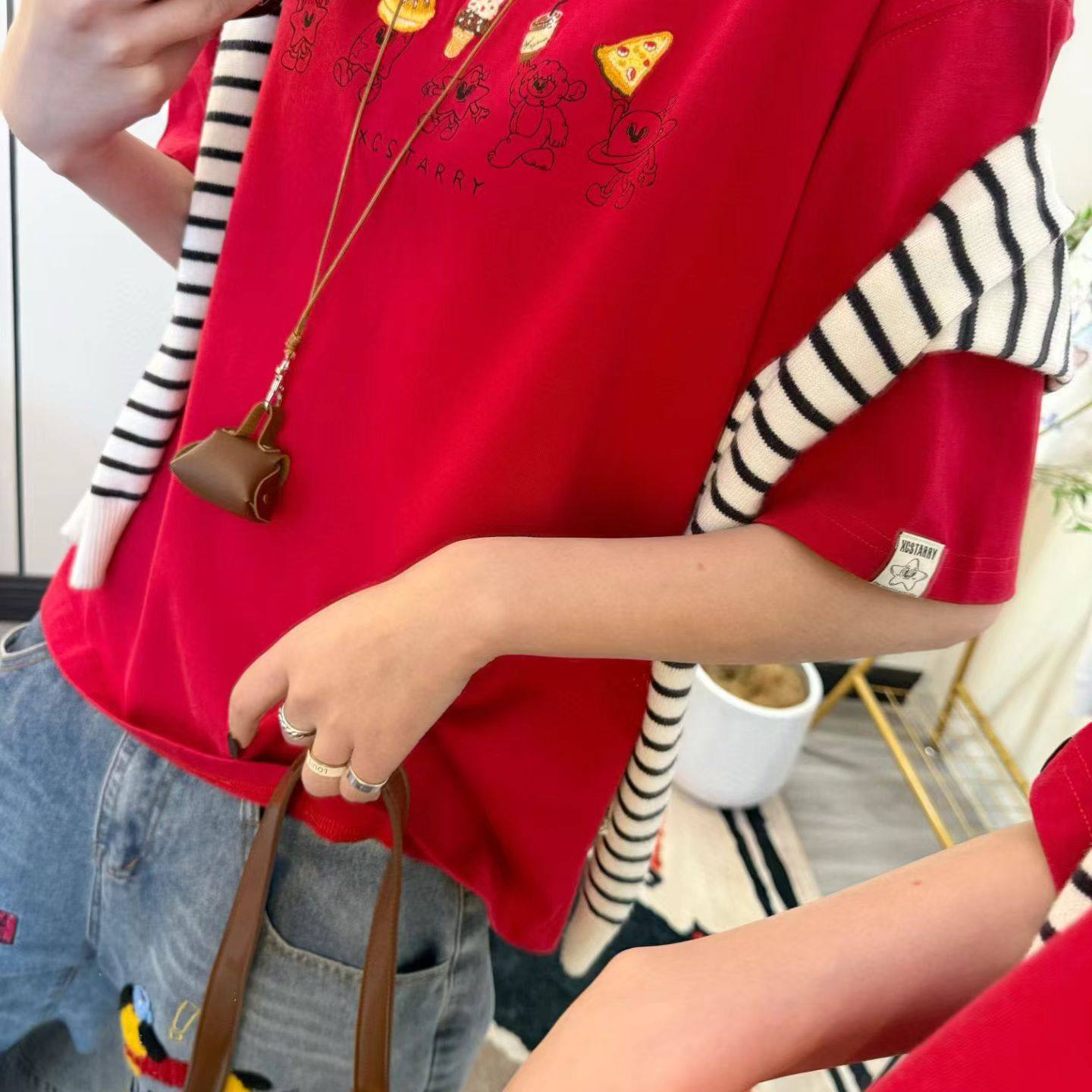 纸袋家新「下午茶印花刺绣加厚短袖T恤」纯棉双纱320g宽松xc5018,女装/女士精品,T恤,淘宝优惠券,粉丝福利购,淘宝优惠卷