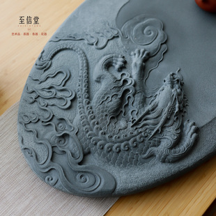 至信堂大师手工雕刻天罗绿茶盘石头茶台貔貅高端家用办公茶台石板