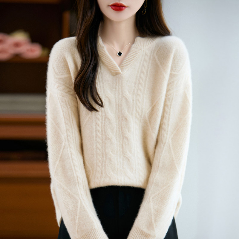 2025新款100%纯美利奴衫女V领麻花毛衣宽松慵懒风针织打底羊毛衫