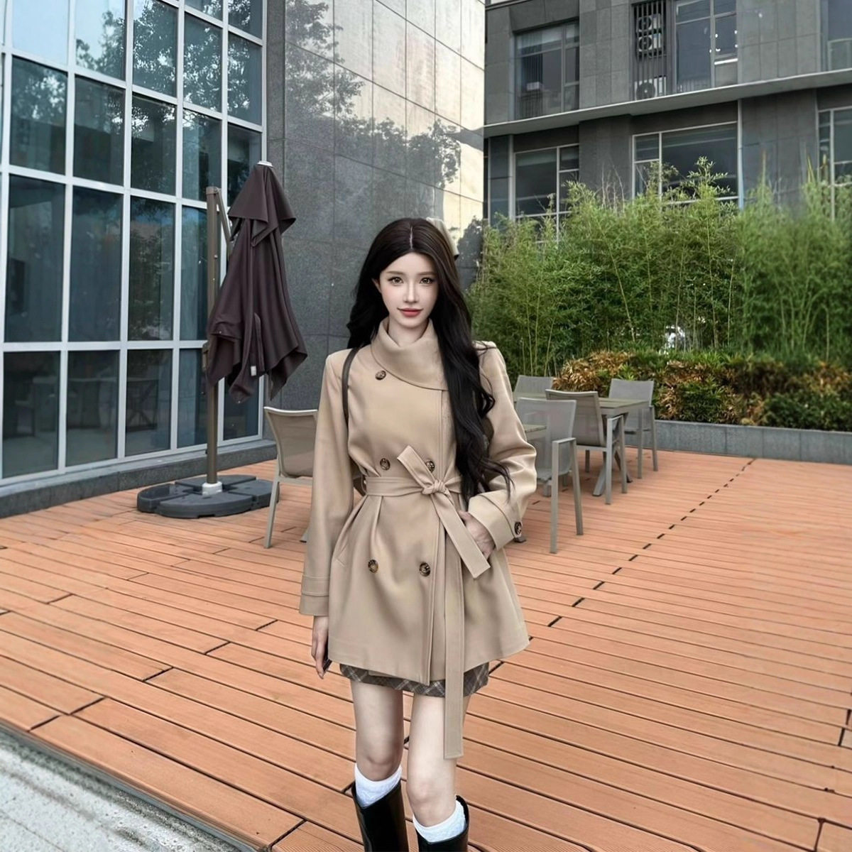 韩系通勤气质高级感中长款宽松立领毛大衣f风衣外套外穿秋冬季款