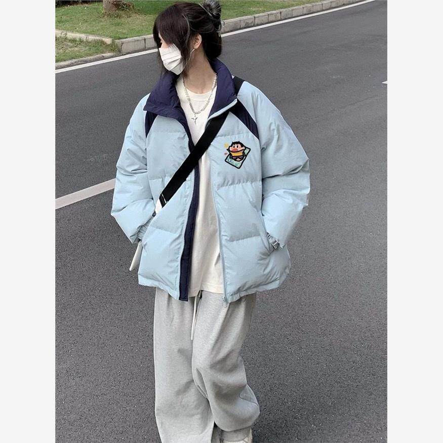浅蓝色拼接设计感面包服外套女款冬季小众加厚设计感保暖棉服棉袄