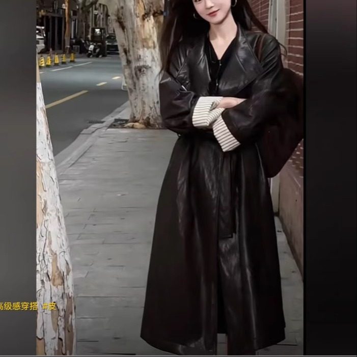 大码女装PU皮衣外套女中长款过膝胖MM200斤宽松显瘦高级感机车服