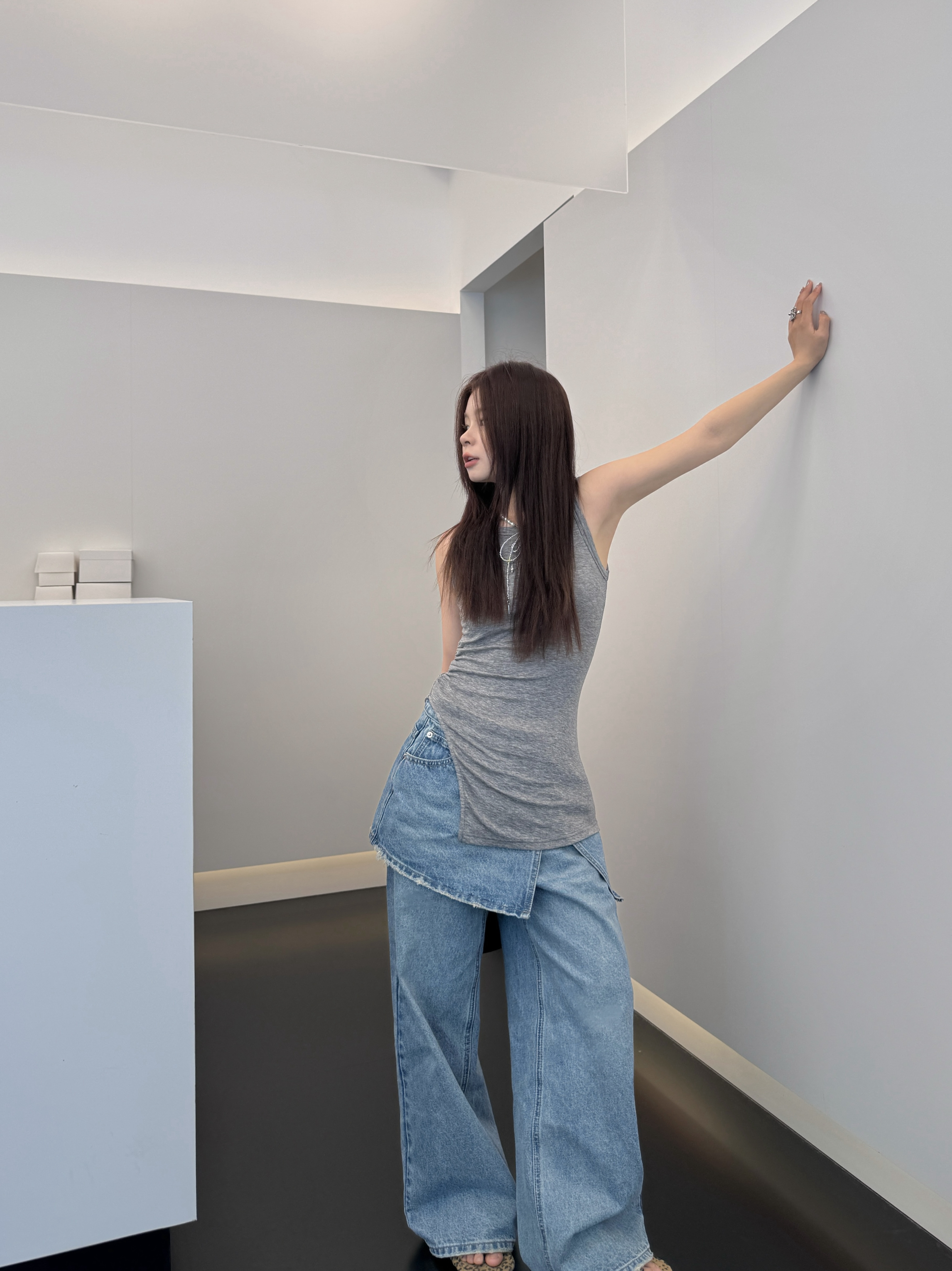 韩系阔腿拖地浅色长裤女春夏女