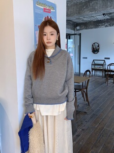 DAMEI大美 撞色套头灰色黄色毛衣 短款马海毛休闲针织上衣女