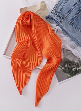 夏季纯色压皱丝巾女多巴胺橙色穿搭亮色系仿丝围巾甜美日韩小发带