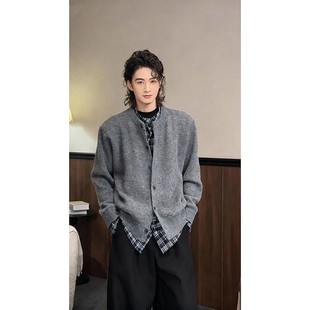 老钱风拼接格纹毛衣开衫外套男款秋冬慵懒高级感叠穿假两件针织衫