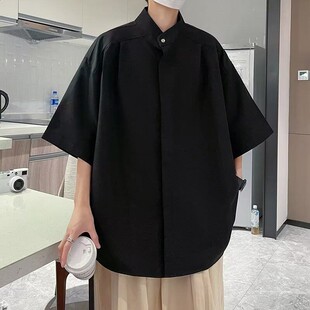 新中式国风短袖衬衫男款夏季立领高级感oversize垂感纯色冰丝衬衣