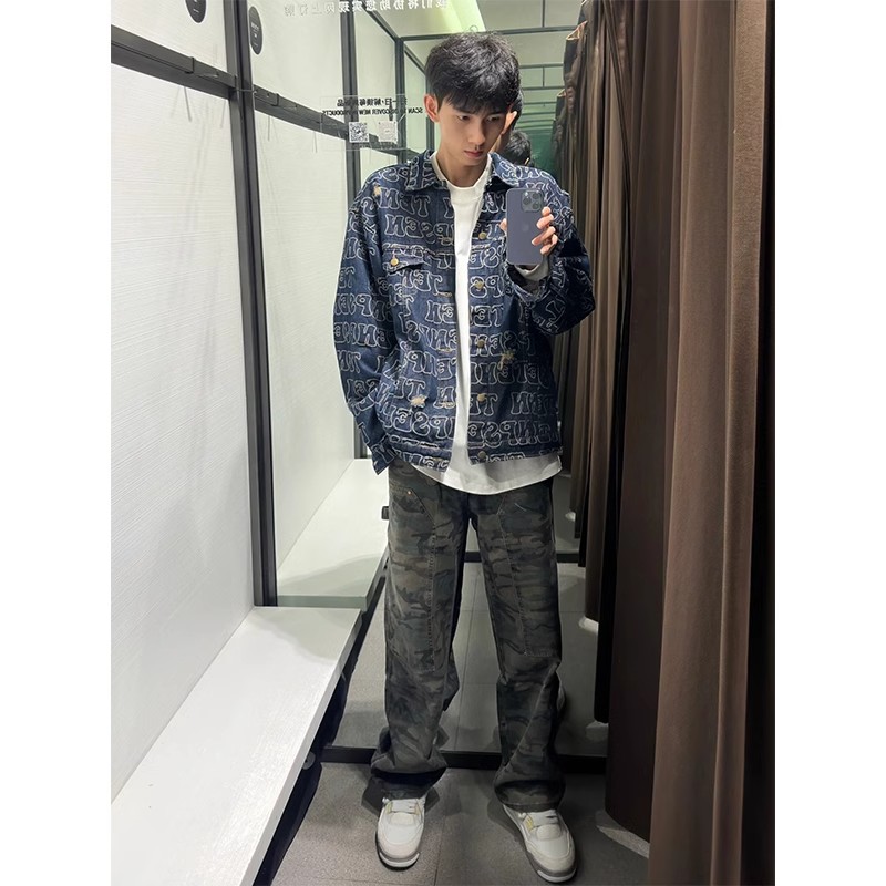 提花破洞牛仔外套男春秋季夹克女