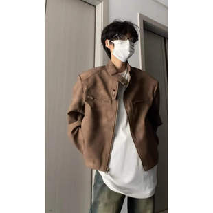 美拉德高街机车皮衣男春秋小众短款垫肩夹克外套潮牌夹棉加厚棉衣