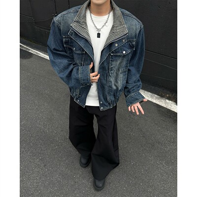 假两件解构牛仔外套男生立领夹克