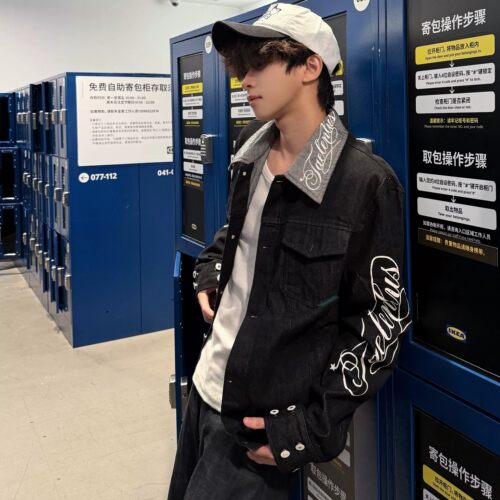 印花牛仔外套男春秋工装翻领夹克