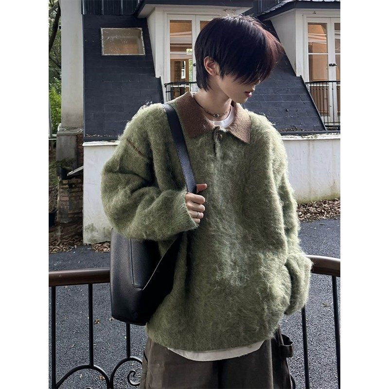 绿色马海毛慵懒风针织衫男款秋冬季cleanfit翻领毛衣美式复古外套