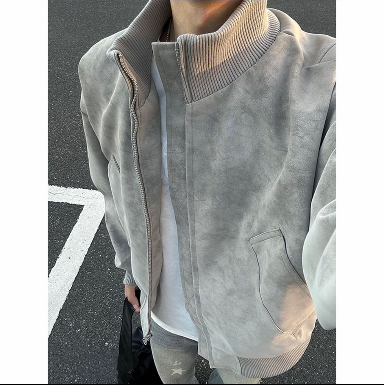 美式立领扎染PU皮衣外套男春秋季短款高级感cleanfit冬季夹棉夹克