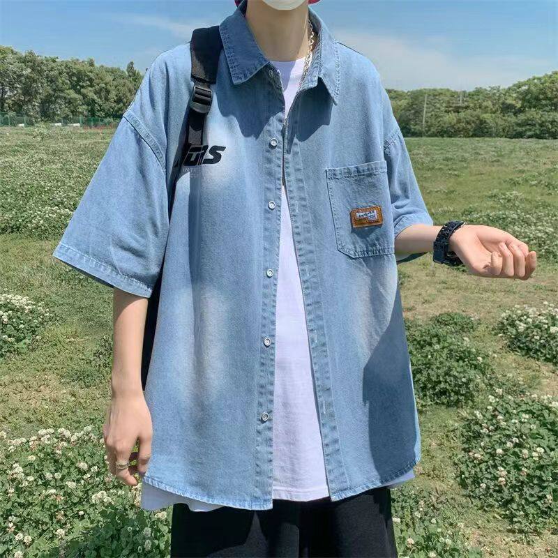 痞帅夏季薄款港风短袖牛仔衬衫男宽松潮流水洗外套青少年休闲百搭