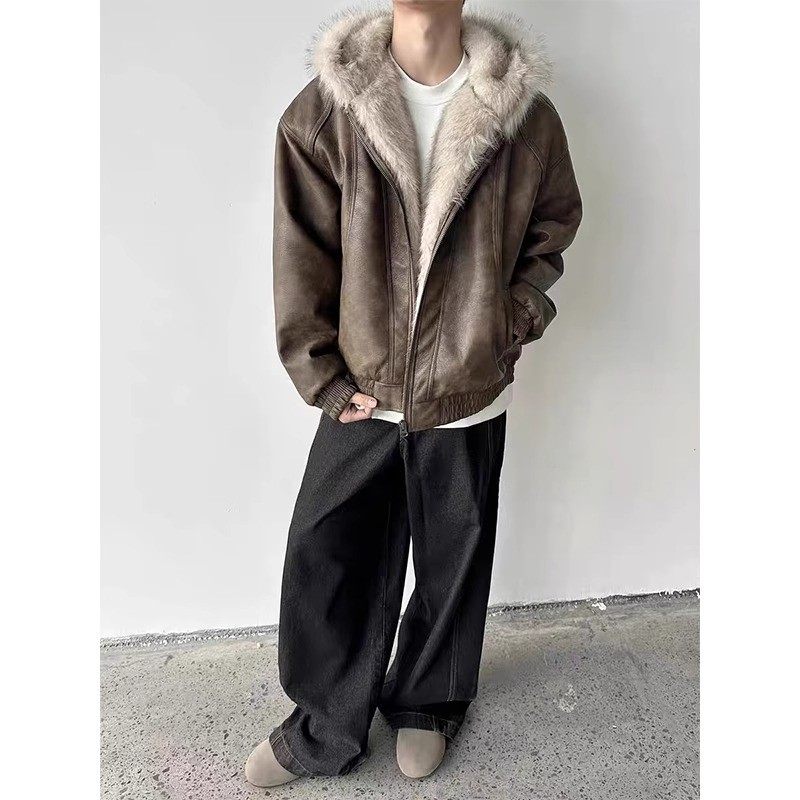 美式复古毛领棉服男款冬季高级感座山雕夹棉加厚PU皮连帽夹克外套