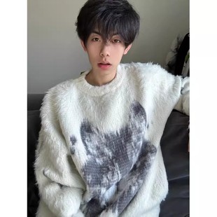 复古圆领毛线衣高级感针织外套 美式 水貂毛软糯毛衣男女冬季 针织衫