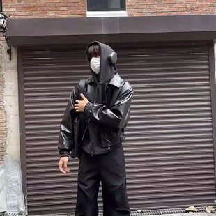 美式黑色pu皮垫肩短款皮衣夹克男秋冬高级感保暖加棉boxy拉链外套