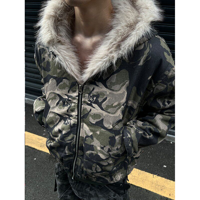迷彩兔毛加棉外套冬棉衣保暖棉服