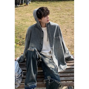 美式复古连帽蓝色牛仔衬衫男款水洗做旧设计高级叠穿衬衣夹克外套