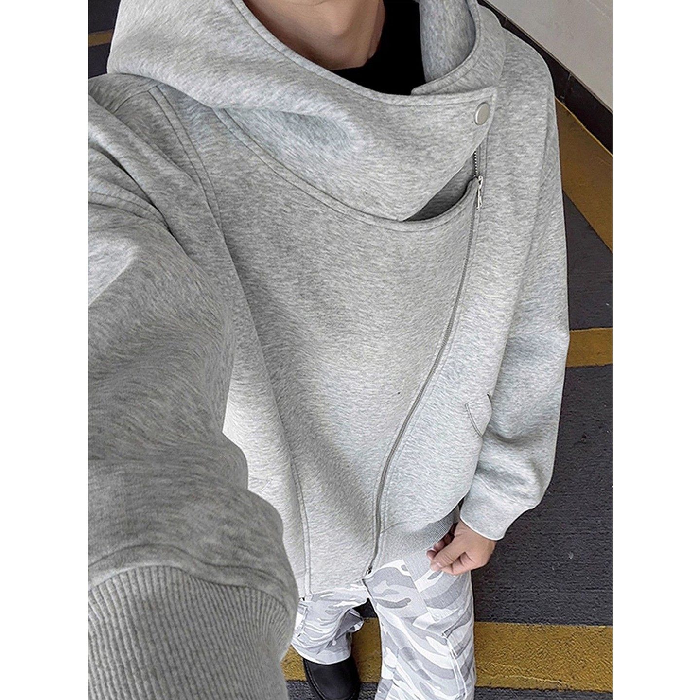 灰色双拉链开衫空气层连帽卫衣外套男女春秋冬季加绒不规则厚夹克