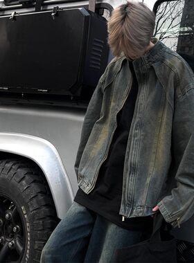 水洗黄泥染蓝色牛仔外套男春秋季
