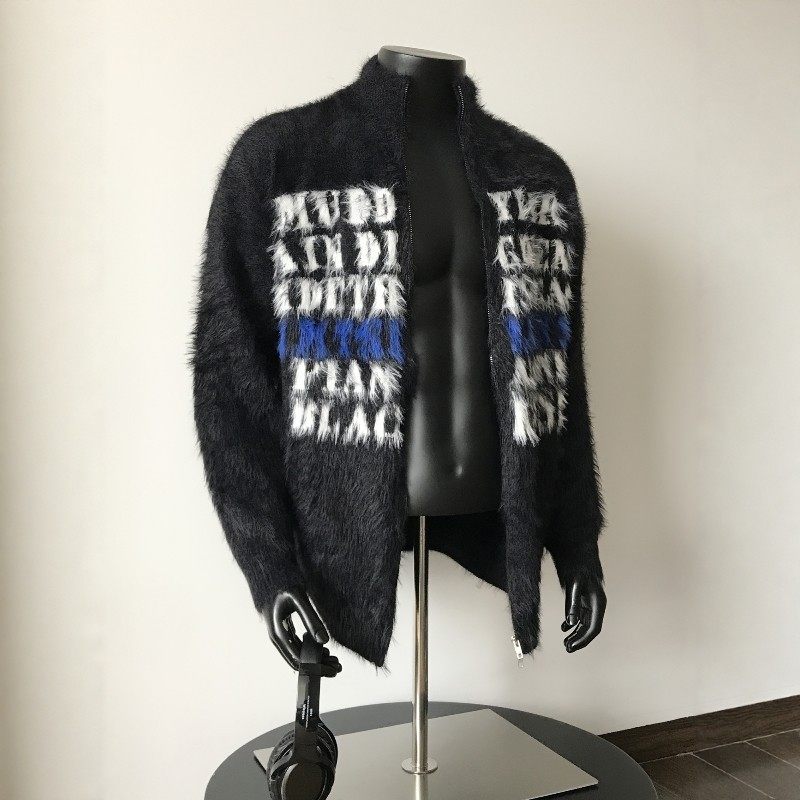 美式字母提花拉链立领毛衣外套男街头vibe慵懒风仿貂毛开衫针织衫