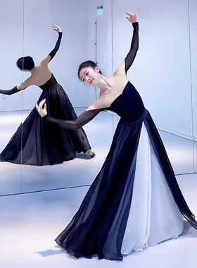 720度千千阙歌古典舞黑白双层中国风雪纺飘逸大摆裙黑月光舞蹈服