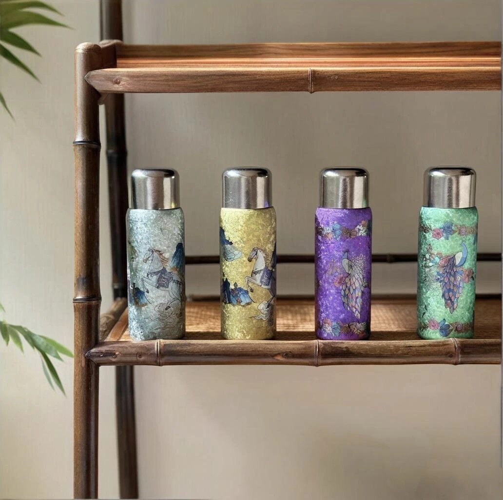 态库天马凌空纯钛保温杯双盖茶隔孔雀彩钛马年限定焖茶杯450ml