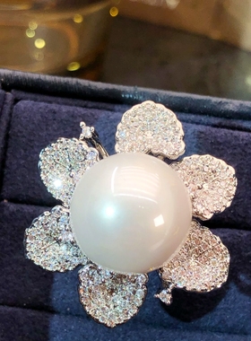 欧美复古食指戒轻奢闪钻珍珠花朵夸张气质个性气质高级感开口戒指