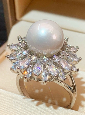 欧美复古高级感满钻花朵造型小众设计大珍珠轻奢开口戒指食指戒女