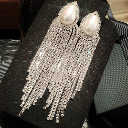 超闪奢华长款流苏珍珠耳环