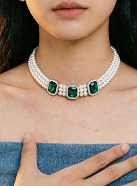 欧美气质精美多层珍珠项链女深绿色宝石锁骨链轻奢chocker项圈潮